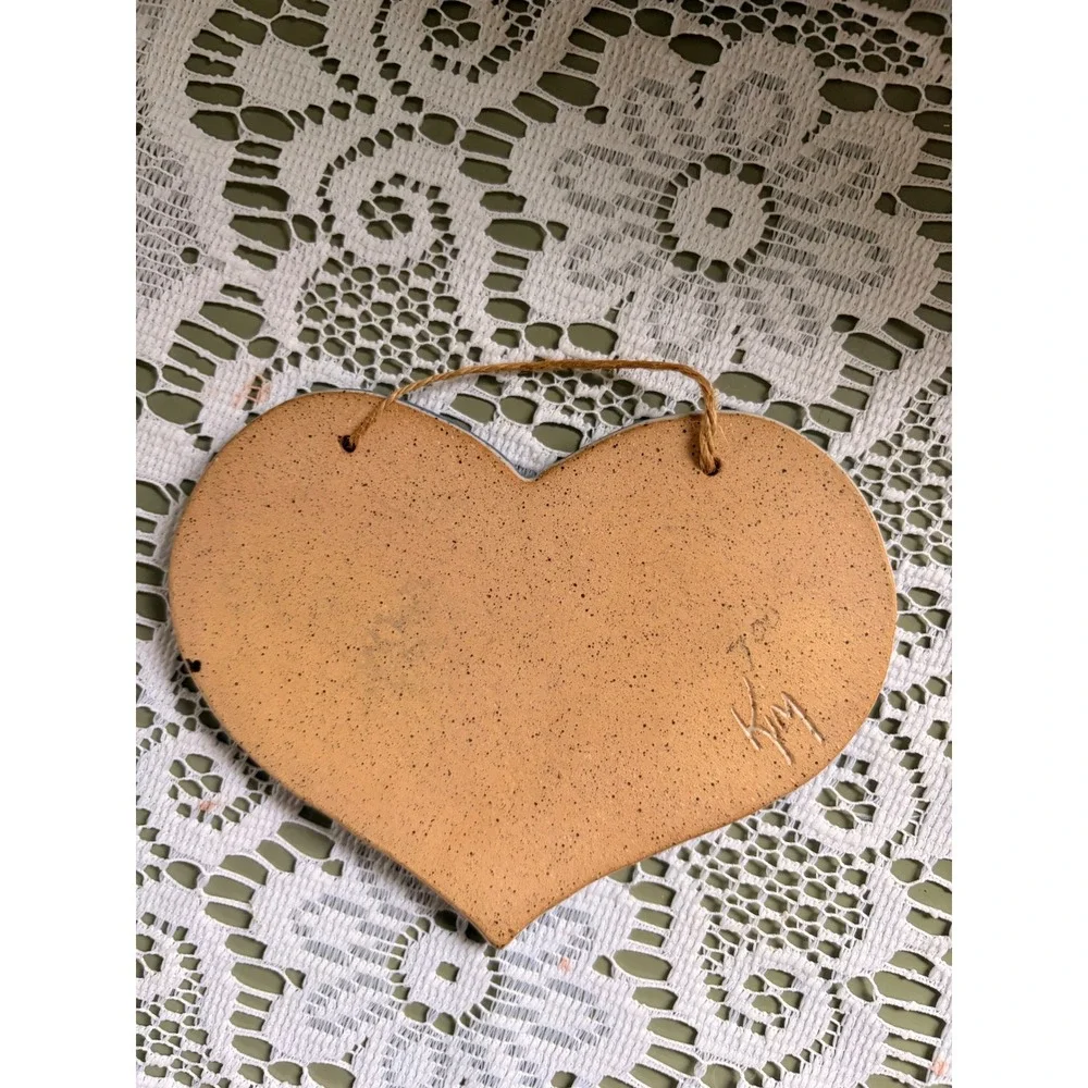 Vintage Folk Art Ceramic Heart Wall Plaque Blue Salt Glaze House Signed KM